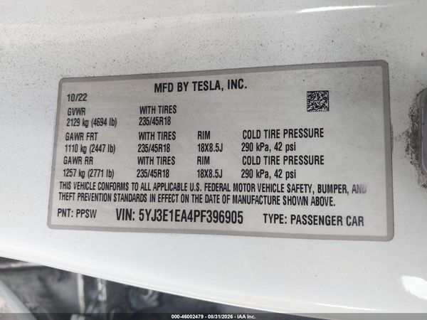 2023 TESLA MODEL 3 REAR-WHEEL DRIVE — I9