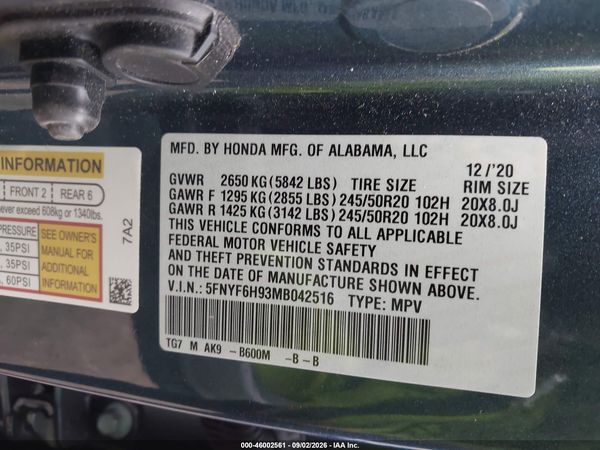 2021 HONDA PILOT AWD TOURING 8 PASSENGER