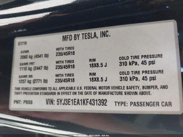 2019 TESLA MODEL 3
