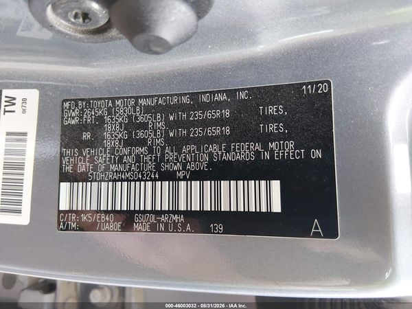 2021 TOYOTA HIGHLANDER XLE — I9