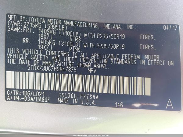 2017 TOYOTA SIENNA SE 8 PASSENGER