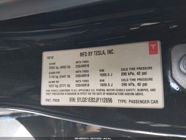 2018 TESLA MODEL 3 LONG RANGE/PERFORMANCE — I9