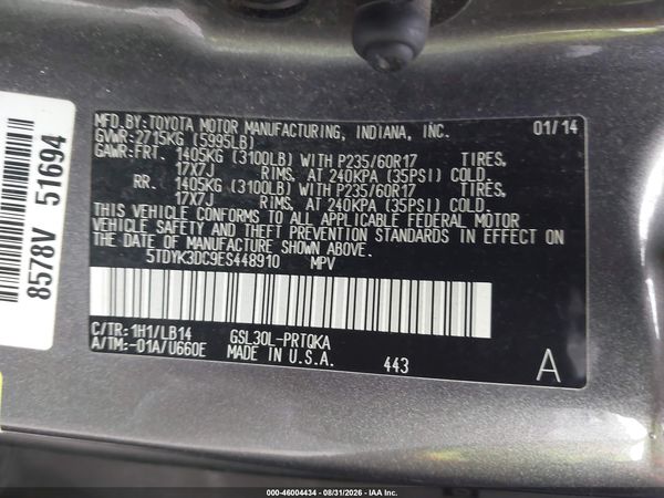 2014 TOYOTA SIENNA XLE V6 8 PASSENGER — I9