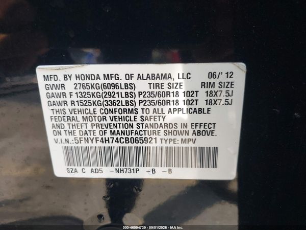2012 HONDA PILOT EX-L — I9
