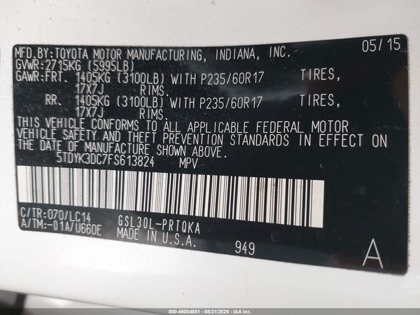 2015 TOYOTA SIENNA XLE 8 PASSENGER
