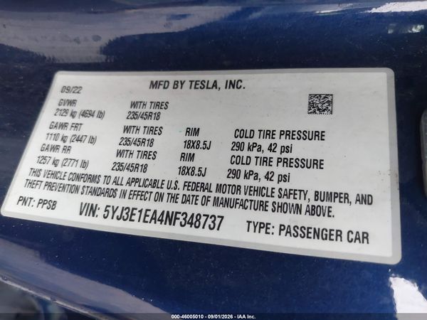 2022 TESLA MODEL 3 REAR-WHEEL DRIVE — I9