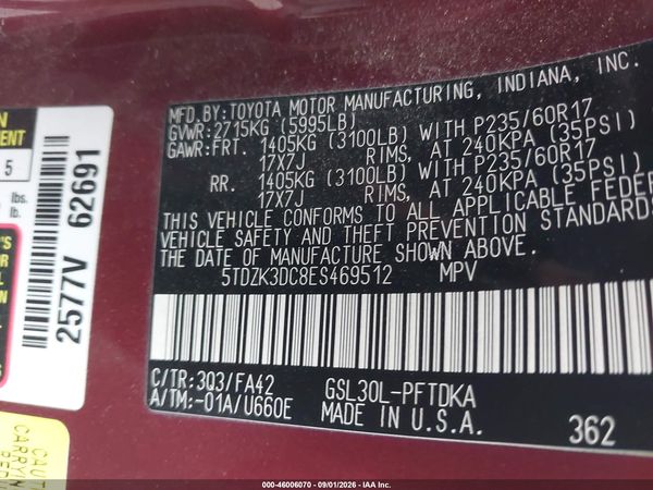 2014 TOYOTA SIENNA L V6 7 PASSENGER — I9