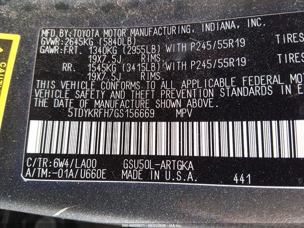 2016 TOYOTA HIGHLANDER LIMITED V6 — I9
