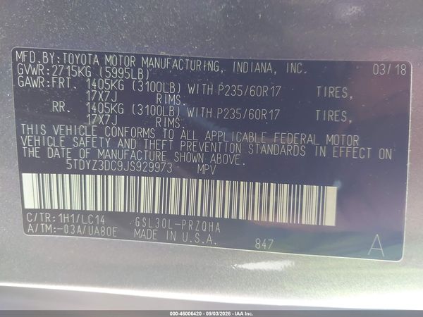 2018 TOYOTA SIENNA XLE 8 PASSENGER