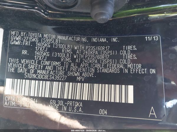 2014 TOYOTA SIENNA XLE V6 8 PASSENGER