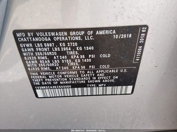 2019 VOLKSWAGEN ATLAS 3.6L V6 SEL PREMIUM — I9