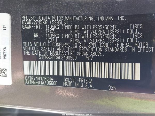 2012 TOYOTA SIENNA LE V6 8 PASSENGER