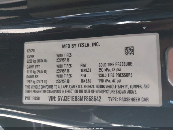 2021 TESLA MODEL 3 — I9