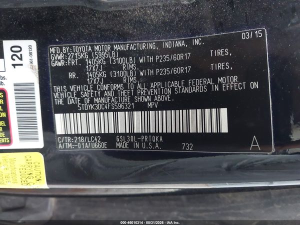 2015 TOYOTA SIENNA XLE PREMIUM 8 PASSENGER — I9