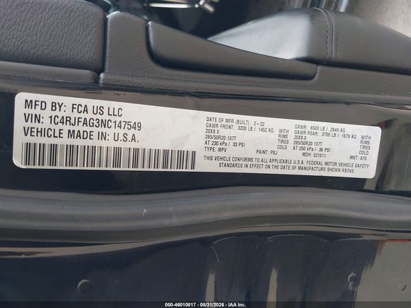 2022 JEEP GRAND CHEROKEE WK LAREDO X 4X4 — I9