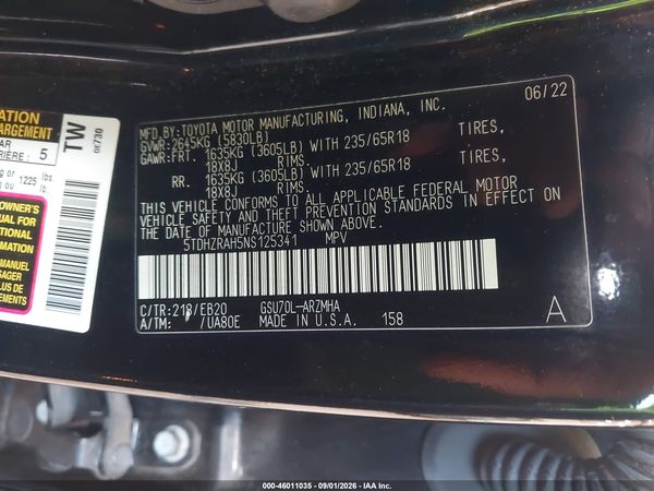 2022 TOYOTA HIGHLANDER XLE — I9