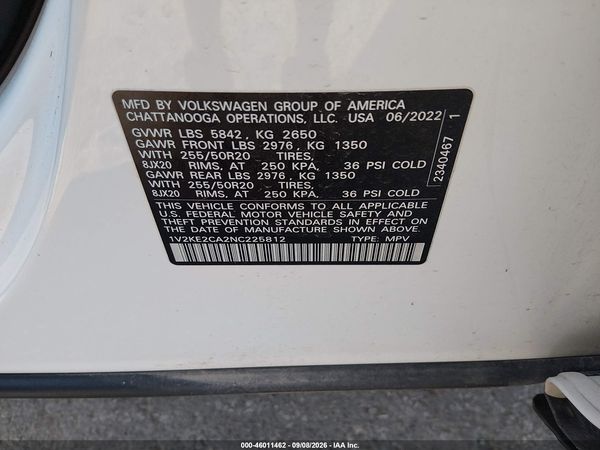 2022 VOLKSWAGEN ATLAS CROSS SPORT 3.6L V6 SE W/TECHNOLOGY — I9