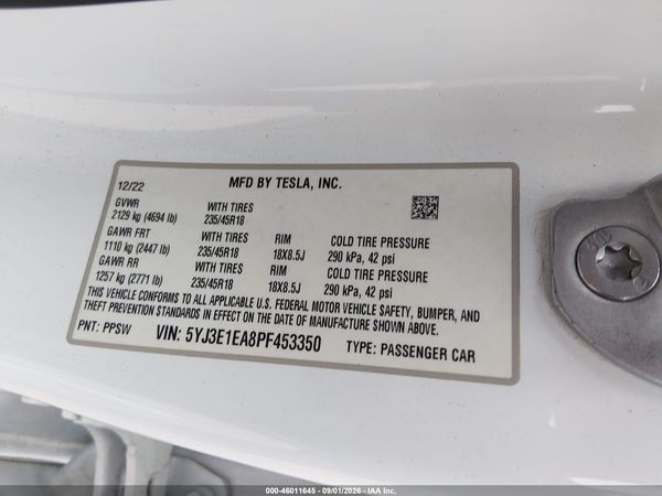2023 TESLA MODEL 3 REAR-WHEEL DRIVE — I9