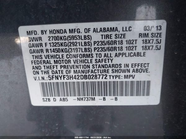 2013 HONDA PILOT EX — I9