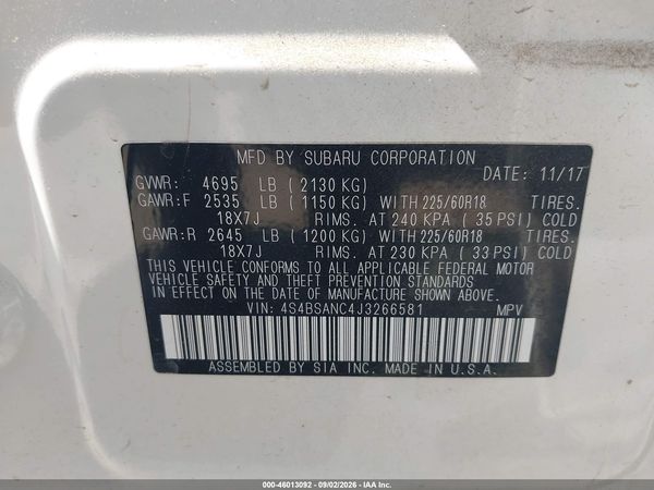 2018 SUBARU OUTBACK 2.5I LIMITED — I9