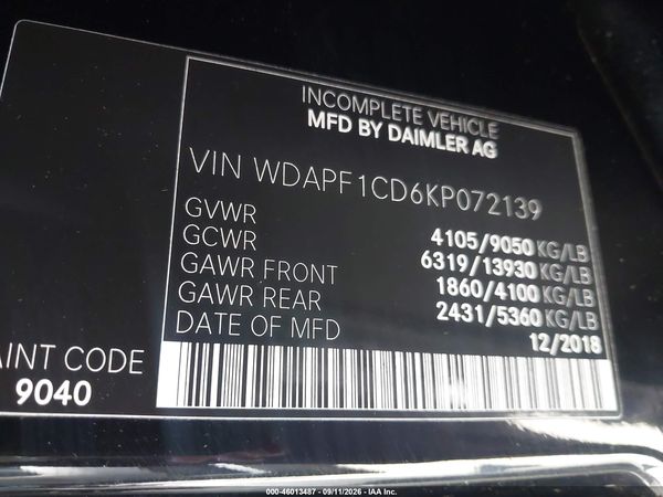 2019 MERCEDES-BENZ SPRINTER 2500 HIGH ROOF V6 — I9