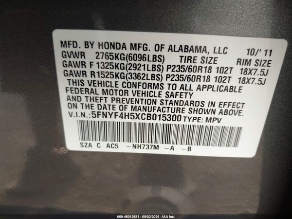 2012 HONDA PILOT EX-L — I9