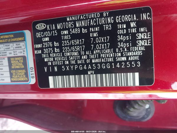 2016 KIA SORENTO 3.3L LX