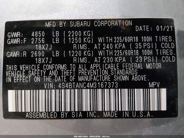 2021 SUBARU OUTBACK LIMITED — I9