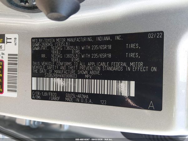 2022 TOYOTA HIGHLANDER LE — I9
