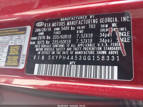 2016 KIA SORENTO 3.3L EX