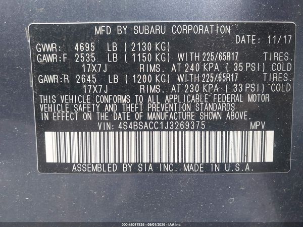 2018 SUBARU OUTBACK 2.5I PREMIUM — I9