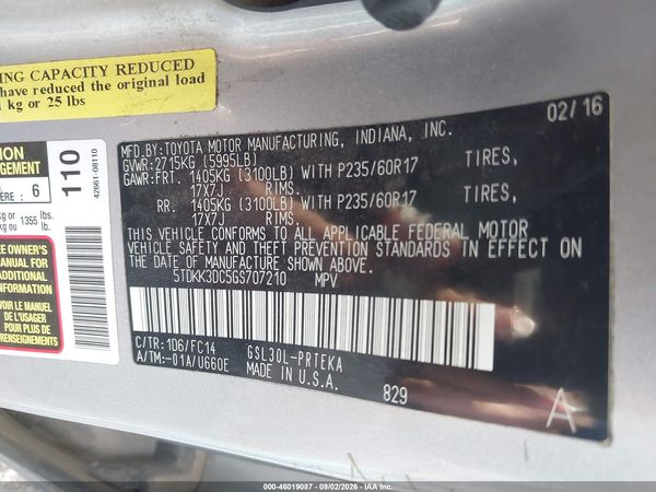 2016 TOYOTA SIENNA LE 8 PASSENGER