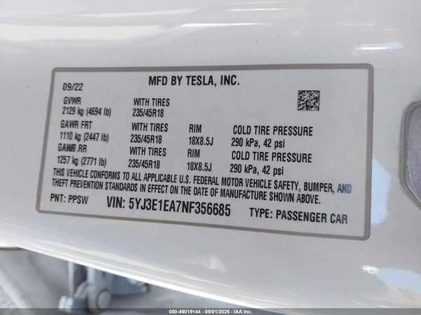 2022 TESLA MODEL 3 REAR-WHEEL DRIVE