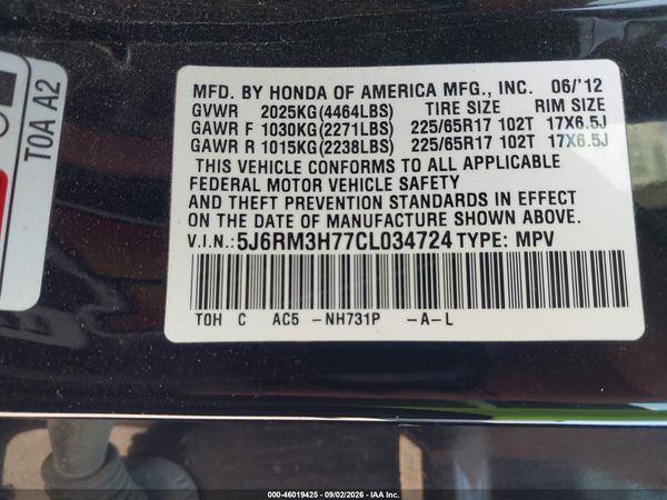 2012 HONDA CR-V EX-L — I9
