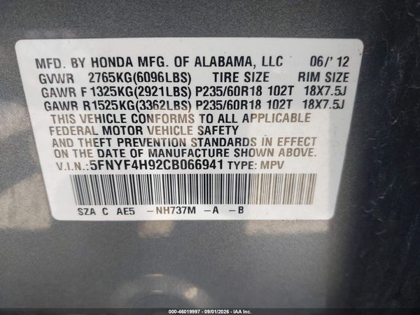 2012 HONDA PILOT TOURING — I9