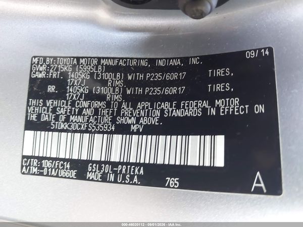 2015 TOYOTA SIENNA LE 8 PASSENGER — I9