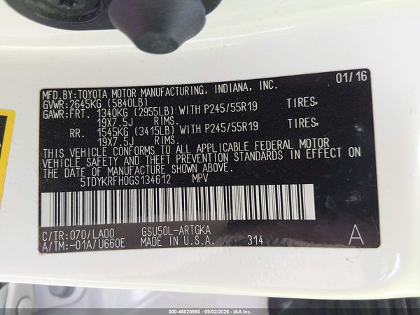 2016 TOYOTA HIGHLANDER LIMITED PLATINUM V6 — I9