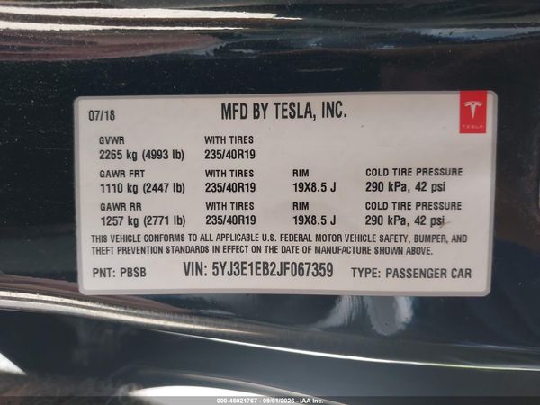2018 TESLA MODEL 3 LONG RANGE/PERFORMANCE — I9