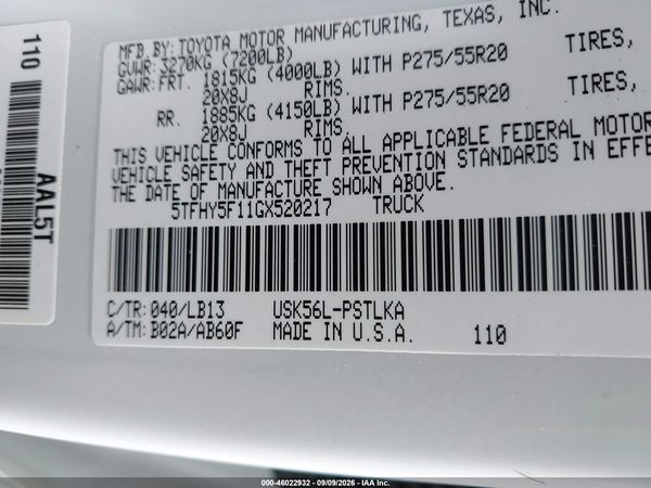 2016 TOYOTA TUNDRA LIMITED 5.7L V8