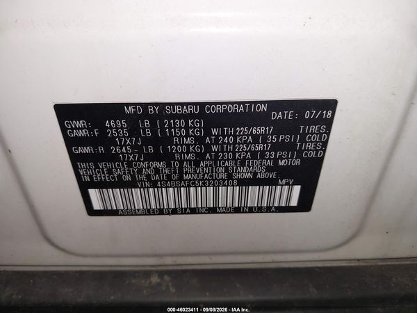 2019 SUBARU OUTBACK 2.5I PREMIUM — I9