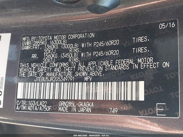 2016 TOYOTA 4RUNNER LIMITED — I9