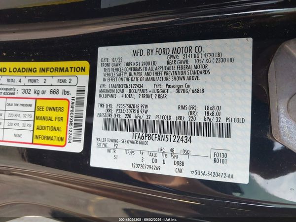 2022 FORD MUSTANG GT PREMIUM FASTBACK — I9