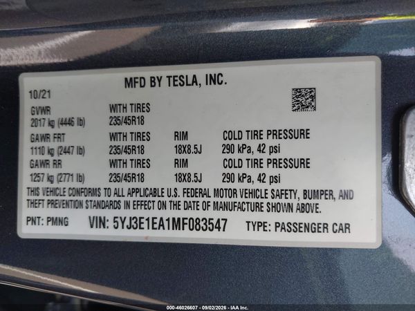 2021 TESLA MODEL 3 — I9