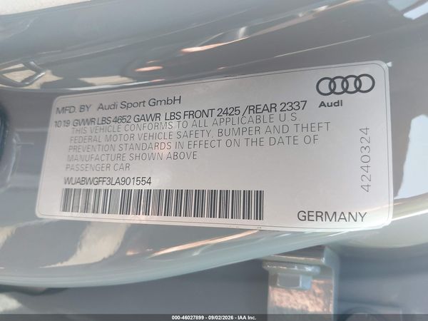 2020 AUDI RS 3 TFSI QUATTRO S TRONIC — I9