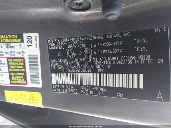 2016 TOYOTA SIENNA XLE 8 PASSENGER — I9
