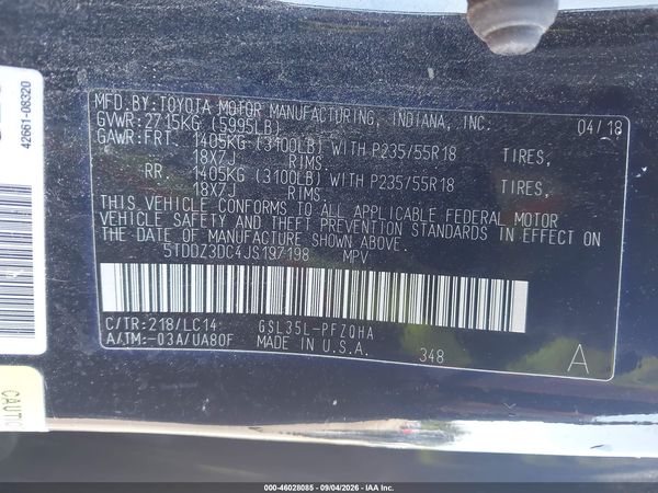2018 TOYOTA SIENNA XLE 7 PASSENGER — I9