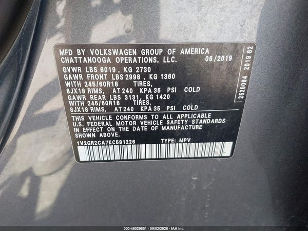 2019 VOLKSWAGEN ATLAS 3.6L V6 S — I9