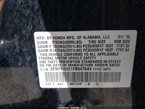 2015 HONDA PILOT LX — I9
