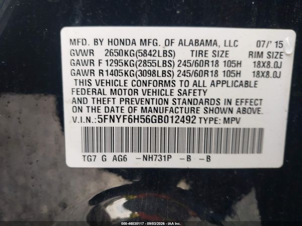 2016 HONDA PILOT EX-L — I9