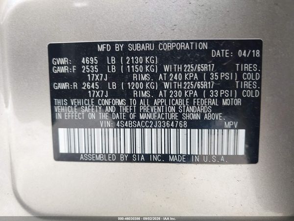 2018 SUBARU OUTBACK 2.5I PREMIUM — I9